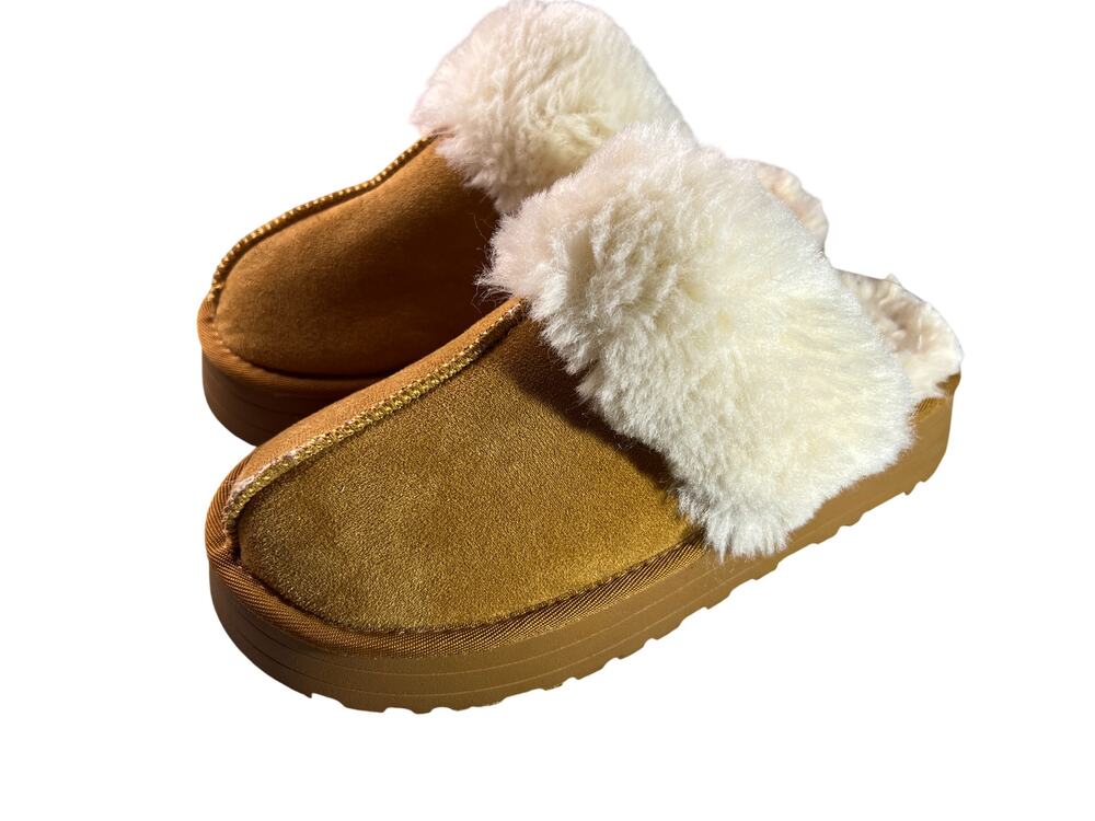 Tan suede platform slip-on clogs 42